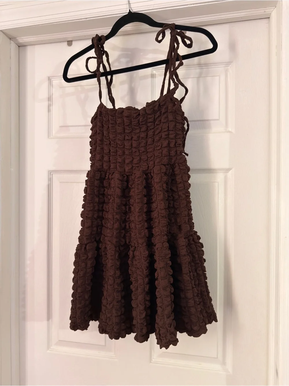 Brown Ruffled Smocked Tie-Shoulder Kids Dress